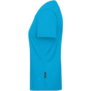 A turquoise ladies' workwear T-shirt featuring short sleeves and a side logo.