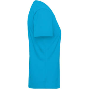 A turquoise ladies' work T-shirt with short sleeves, displayed from the side. The shirt has a logo.