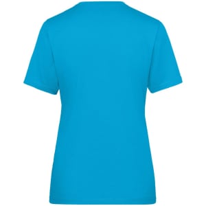 A bright blue ladies' workwear T-shirt with a round neck and short sleeves, featuring a logo on the back.