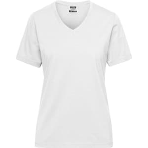 A white ladies' t-shirt with a v-neck and short sleeves, featuring a logo.