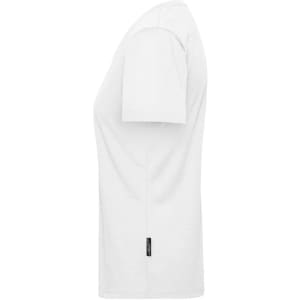 A white ladies’ workwear T-shirt featuring short sleeves and a branded label at the hem.