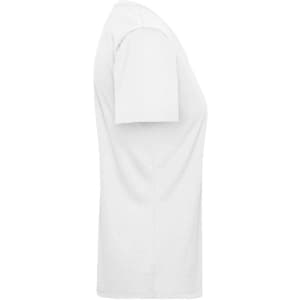 A white ladies' workwear T-shirt displayed from the side, featuring short sleeves and a fitted silhouette.
