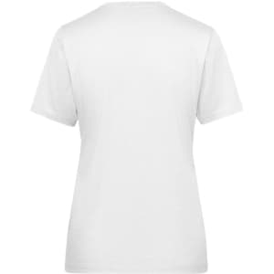 A white ladies' T-shirt featuring a simple design and short sleeves, with no visible branding on the back.