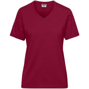 A maroon V-neck T-shirt for ladies, featuring short sleeves and a logo on the label.