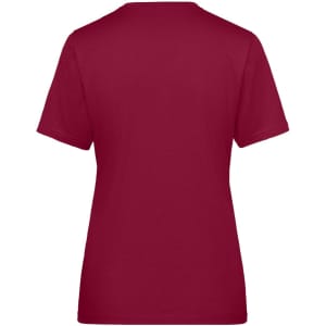 A burgundy ladies' work T-shirt featuring a plain back and a simple design, with a logo present.