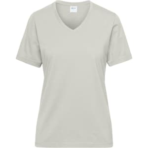 A light grey ladies' V-neck work T-shirt featuring short sleeves and a logo.