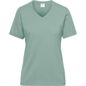 A mint green ladies' V-neck workwear T-shirt featuring short sleeves and a subtle logo on the label.