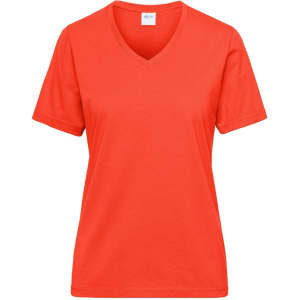 A vibrant orange Workwear T-shirt featuring a V-neck and short sleeves, with a logo on the label.