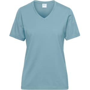 A ladies' v-neck work T-shirt in a soft blue colour, featuring short sleeves and a logo.