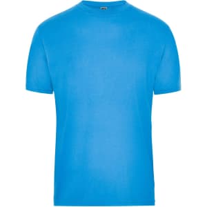 A bright blue men's workwear T-shirt with a simple design and a logo on the label.