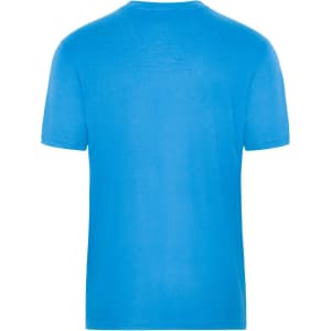 A blue work t-shirt with a round neckline and short sleeves, featuring a logo on the back.