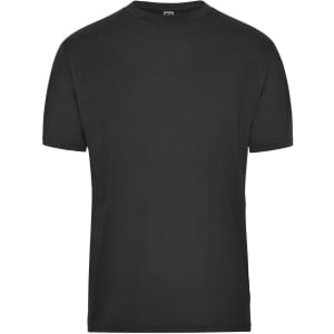 A black men's work t-shirt with a classic fit, featuring a logo on the front. Ideal for workwear.