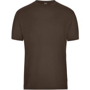 A brown men's workwear T-shirt with a round neckline and short sleeves. Features a branding logo.