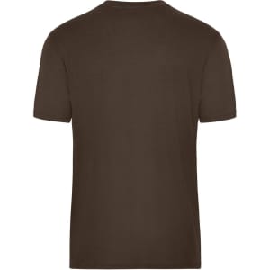A brown men's t-shirt featuring a plain design and short sleeves, with a logo on the back.