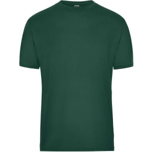 A green men's BIO workwear t-shirt featuring a classic crew neck design and short sleeves. It has a logo detail.