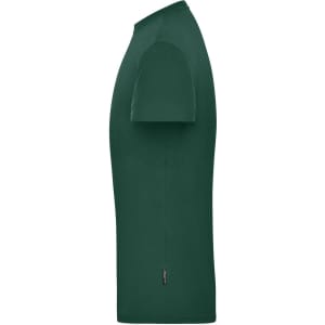 A green men's BIO workwear T-shirt displayed from the side, featuring a logo on the sleeve.