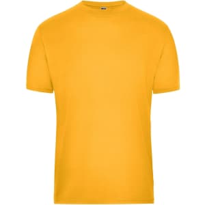 A short-sleeved men's T-shirt in bright yellow, featuring a logo on the chest area.