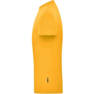 A yellow men's workwear T-shirt displayed from the side, featuring a simple design and a logo.