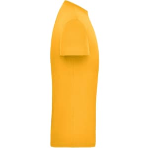 A yellow short-sleeved men's workwear t-shirt with a plain design and a logo on it.