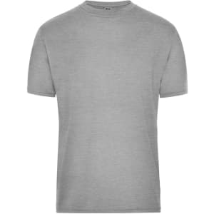 A grey men's T-shirt with a crew neck and short sleeves, featuring a branding logo.