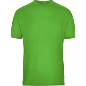 A bright green men's T-shirt, featuring a crew neck and short sleeves. The shirt has a branding logo.