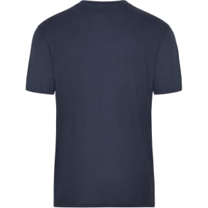 A navy blue men's t-shirt featuring a simple, classic design and a logo on the back.