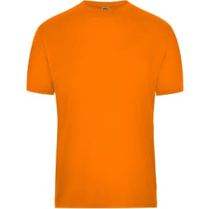An orange men's workwear t-shirt with a round neckline and short sleeves. It features a logo on the chest.