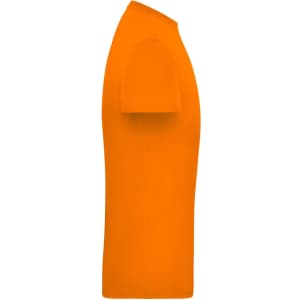 An orange men's t-shirt viewed from the side, featuring short sleeves and a simple design. It has a logo on it.