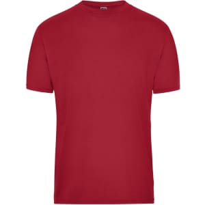 A red men's workwear t-shirt featuring a plain design and a crew neck. It has a logo on the label.
