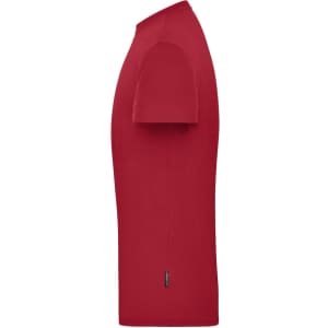 A red men's workwear T-shirt with short sleeves and a sleek design, featuring a logo.