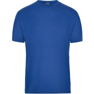 A blue short-sleeved workwear t-shirt with a crew neck and a logo.