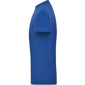 A men's blue workwear T-shirt with short sleeves and a branded logo. Side view displays its slim fit design.