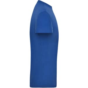 A blue men's workwear T-shirt displayed from the side, featuring a crew neck and short sleeves. It has a logo on it.