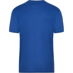 A blue men's t-shirt with a crew neck and short sleeves, featuring a logo on the back.