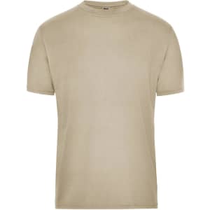 A tan men's work T-shirt featuring a classic crew neck design and short sleeves. It has a logo on the label.
