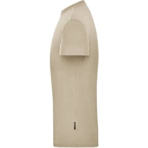 A beige men's workwear T-shirt with short sleeves, featuring a small logo on the hem.