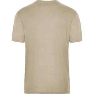 A beige men's T-shirt with a plain design and short sleeves, featuring a logo on the back.