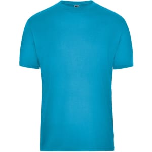 A turquoise mens work t-shirt featuring a regular fit and short sleeves, with a label at the neckline.