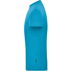 A turquoise men's workwear T-shirt with short sleeves and a branding logo on the side.