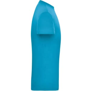 A side view of a blue men's workwear t-shirt featuring short sleeves and a fitted design.