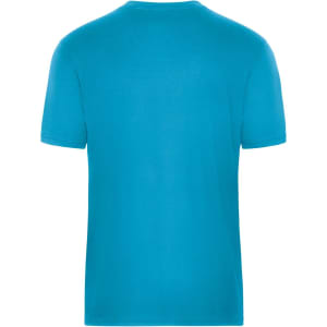 A bright blue work T-shirt featuring a crew neckline and short sleeves, with a logo on the back.
