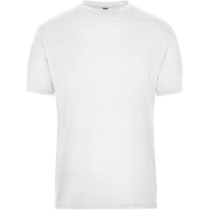 A plain white men's t-shirt with a round neck and short sleeves, featuring a logo. Suitable for workwear.