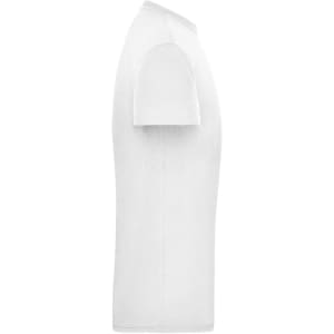 A white men's workwear t-shirt displayed from the side, featuring a simple design and a logo.