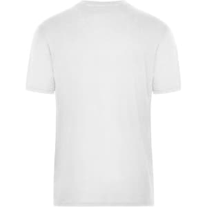 A plain white men's T-shirt featuring short sleeves and a simple design. It includes a logo on the back.
