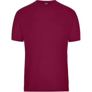 A burgundy men's workwear t-shirt with a classic crew neck and short sleeves, featuring a logo on the label.
