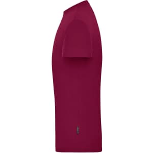 A burgundy men's workwear T-shirt with short sleeves and a side view showing its sleek design. It has a logo.