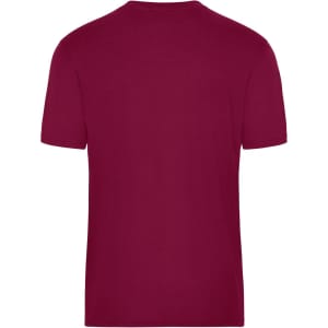 A maroon men's t-shirt with a crew neck and short sleeves. The back view shows a plain design.