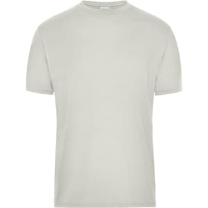 A plain grey short-sleeve T-shirt made of bio-friendly fabric, featuring a logo on the neckline.