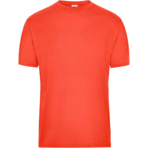 A bright orange Men's BIO Workwear T-Shirt with short sleeves and a plain design. Features a logo.