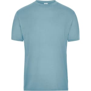 A light blue men's T-shirt with a classic crew neckline, featuring a logo on the label. Perfect for workwear.